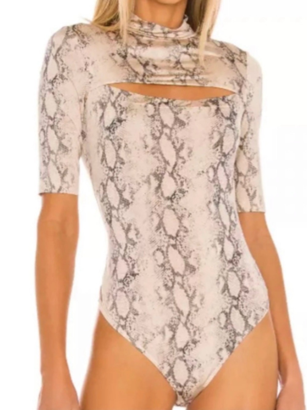 Jonathan Simkhai Beige Python Print Mock Neck Long Sleeve Top